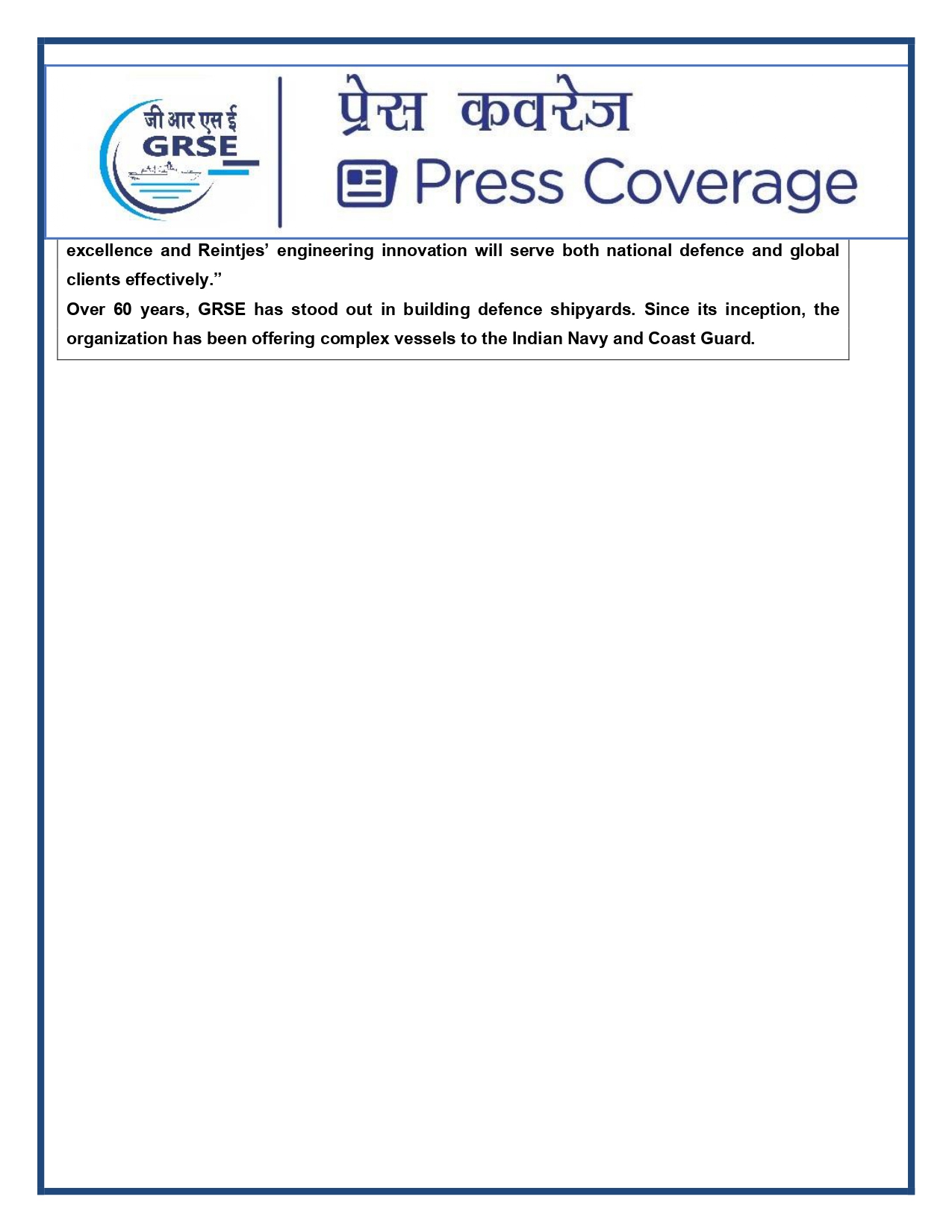 Press Coverage : 3 Aug 25:GRSE Signs MoU with  Reintjes GmbH